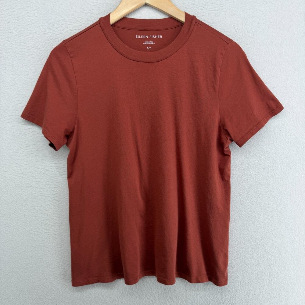 EILEEN FISHER Top S Organic Pima Cotton Jersey Crew Neck Short Sleeve Red